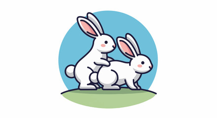 Obraz premium Two cute white rabbits in a playful pose on green grass, blue circle