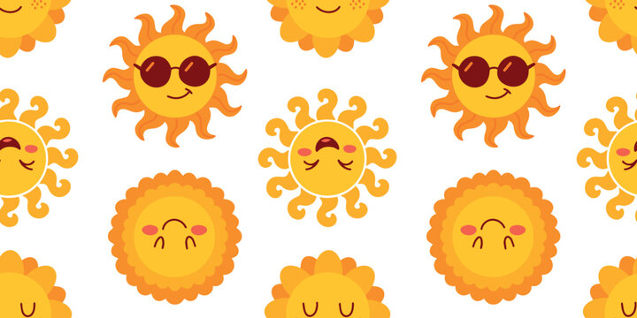 Lively seamless pattern featuring sun characters with trendy red sunglasses and sassy expressions. Great for summer holiday apparel, beach accessories, and vacation branding.