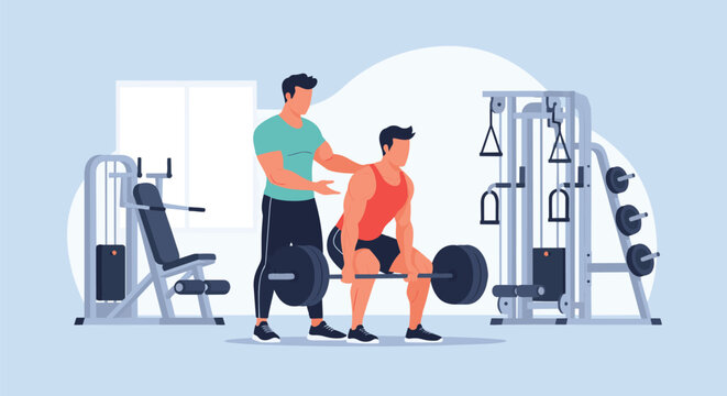 Personal trainer spotting man during barbell deadlift.