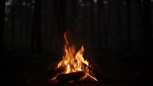 Atmospheric campfire burning in dark forest, glowing orange flames and sparks at night, cozy outdoor wood fire for camping and survival