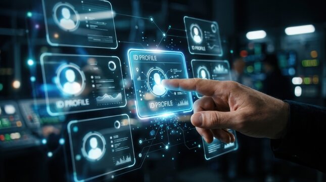Finger selecting ID profile tile on digital identity management screen. Digital identity verification concept.
