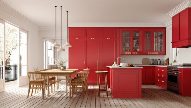 Modern red kitchen with dining area, bright natural light, and wooden elements