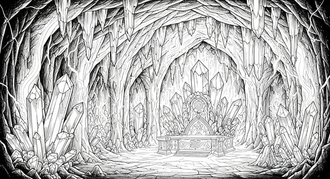 Intricate black and white illustration of a crystal cave with throne and stalactites