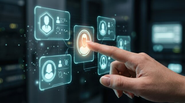 Finger tapping user card on secure digital identity dashboard. Digital identity verification concept.
