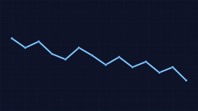 Blue financial line chart graph on dark grid background showing market decline trend analytics for business reports dashboards and investment data visualization concept
