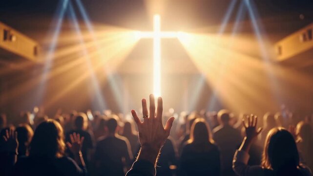 Congregation worshiping in a church with a glowing cross. People raising hands during a religious service. Faith and spirituality concept