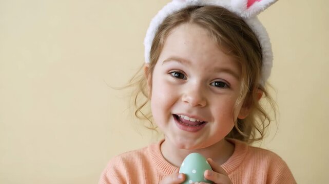 Little girl wearing bunny ears talking about Easter. Child holding a decorated egg. Holiday celebration concept