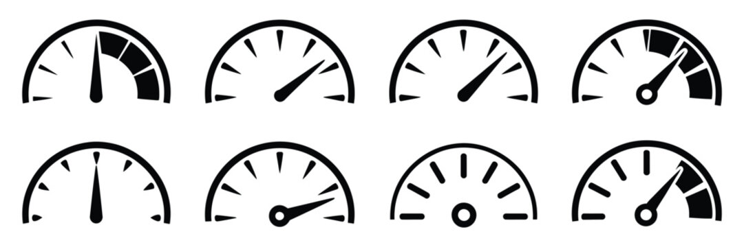 Speedometer and Tachometer Icon Set, Fast Speed Indicator Signs, Internet Car Performance Concept, Flat Simple Dashboard Gauge Symbols Vector Illustration for UI Design, Apps, and Infographics
