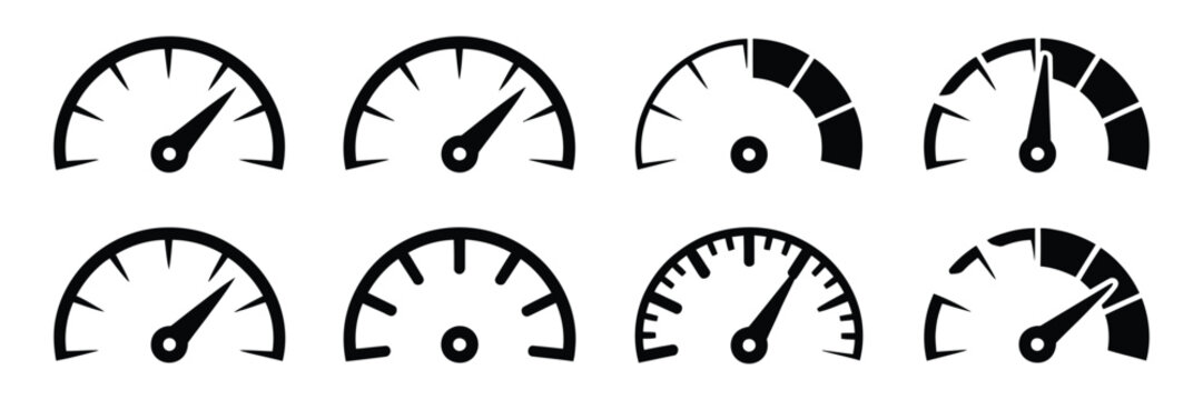 Speedometer and Tachometer Icon Set, Fast Speed Indicator Signs, Internet Car Performance Concept, Flat Simple Dashboard Gauge Symbols Vector Illustration for UI Design, Apps, and Infographics