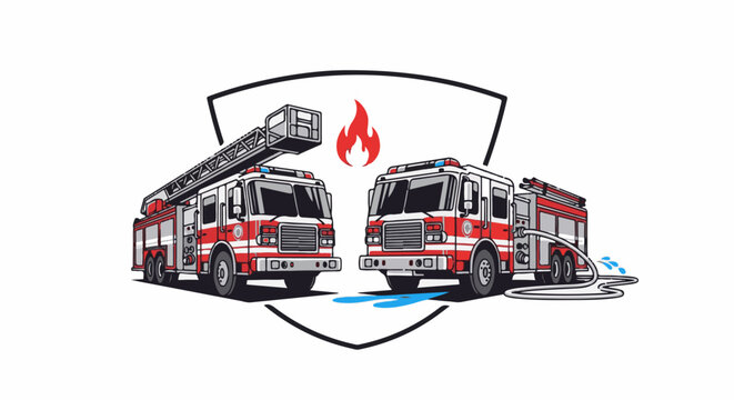 Two red fire trucks are depicted with a ladder and hose, set against a white background