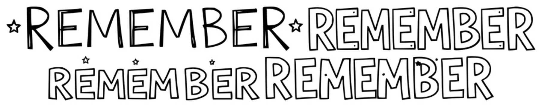 REMEMBER set with bold stylized block letters in line art design featuring word, typography, text with star elements and bold lettering