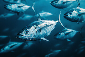 Fototapeta premium School of tuna fish swimming together in deep blue ocean.