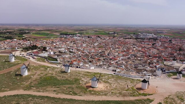 Drone photo of windmills in Campo de Criptana, Castilla-La Mancha, Spain.