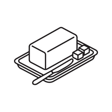 Minimalist black and white line art illustration of a butter block on a dish with a knife
