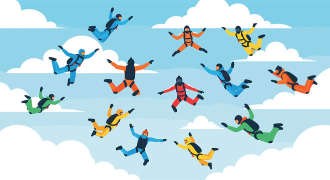 Skydiving People Group in Freefall with Colorful Jumpsuits Extreme Sport Adventure Parachuting Scene in Sky with Clouds for Travel and Activity DesignSkydiving People Group in Freefall w