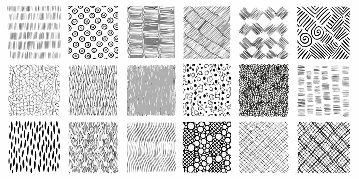 Collection of hand drawn patterns and textures arranged in a grid format