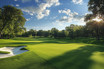 Fototapeta premium Green golf course landscape with fairway and sand bunker under blue sky.
