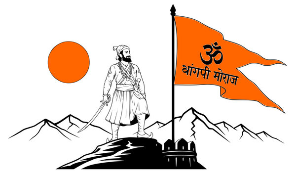  Line art illustration of Chhatrapati Shivaji Maharaj standing on fort with saffron Om Bhagwa flag and orange sun over mountain landscape for Shiv Jayanti celebration poster