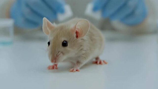 Curious laboratory mouse staring at camera with blue-gloved hands in background