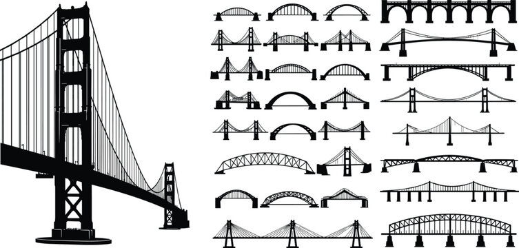 Collection of bridge silhouettes including suspension, arch, truss and cable stayed designs, architectural infrastructure set isolated, transportation engineering concept illustration