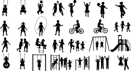 Collection of children silhouettes playing sports and playground activities, jumping rope, cycling, swinging, active kids lifestyle, outdoor fun, black and white illustration set © Md