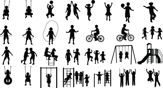 Collection of children silhouettes playing sports and playground activities, jumping rope, cycling, swinging, active kids lifestyle, outdoor fun, black and white illustration set