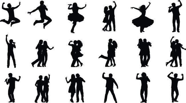 Dancing people silhouettes set, men and women party poses, couple dance figures, black shadow characters, celebration movement illustration, isolated lifestyle concept
