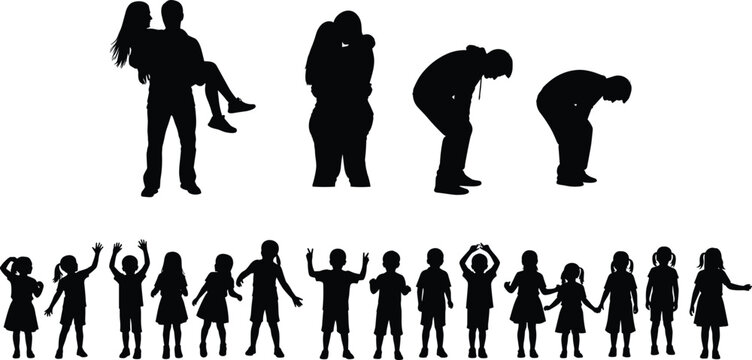 Family and children silhouettes set, parenting moments, kids playing and standing poses, couple interaction, black shadow figures, lifestyle relationship concept illustration