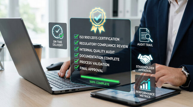 ISO 9001:2015 certification and regulatory compliance review, businessman working on laptop with digital quality audit icons, corporate process validation
