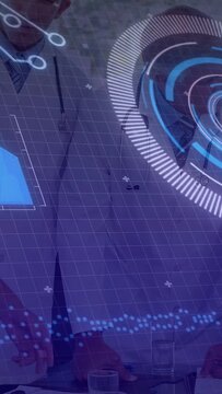 HUD grid appearing, doctors standing, pointing, reviewing files, consulting, analyzing patient data