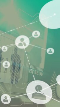 Vertical video: HUD pulsing, avatar nodes appearing and linking, visualizing network for analytics