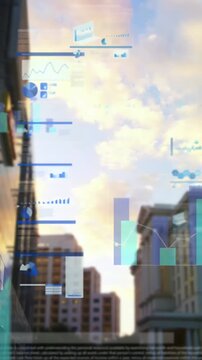 Vertical video: City canyon receiving feed and showing urban data HUD charts animating for metrics