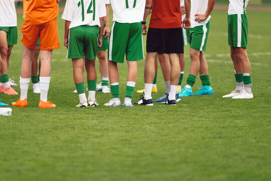 Youth Soccer Team Lineup. Kids Standing on Field Before Football Match or Training Session