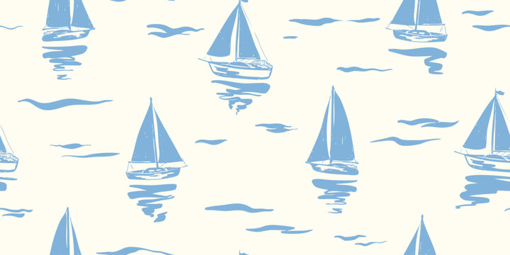 Seamless nautical pattern with hand drawn blue sailing boats and waves