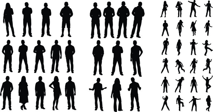 People silhouettes collection, standing men and women figures with various poses, black shadow characters, isolated set, human posture variety, social lifestyle concept