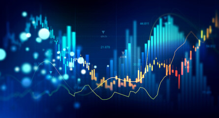 Business financial chart with moving up arrow graph.Financial data charts with glowing stock market graphs.Stock market investment data and analysis finance graph.   © Miha Creative