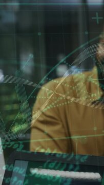 Vertical video: Man entering frame, pull causing DNA helix and code HUD over torso showing bio data