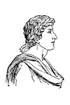 Ovid (Publius Ovidius Naso), Roman poet in profile with laurel wreath and draped toga, classical honor and achievement, old vintage illustration, 1897.