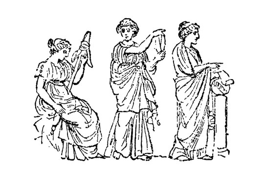 The Fates (Parques), three women in ancient draped robes engaged in textile work, spinning, measuring, and cutting thread of life, old vintage illustration, 1897.