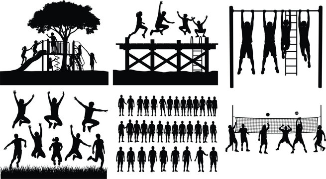 Silhouette collection of children playing, jumping, climbing and group activities, outdoor playground and sports concept, active lifestyle, teamwork, black and white illustration set