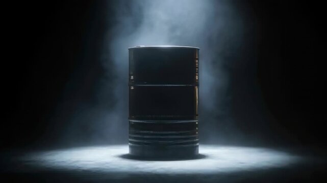Emitting fog, fog machine sending plume behind metal barrel in set, spotlight making halo for drama