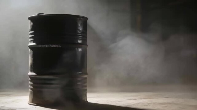 Faint smoke billowing around dented black drum on concrete floor in warehouse, casting left shadow