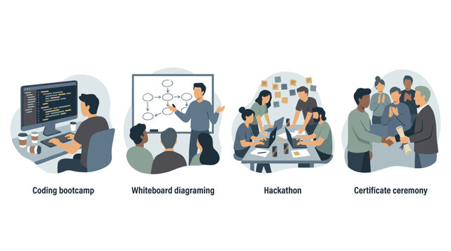 Coding Bootcamp, Whiteboard Diagramming, Hackathon Team, and Certificate Ceremony: Tech Education Flat Vector Illustrations