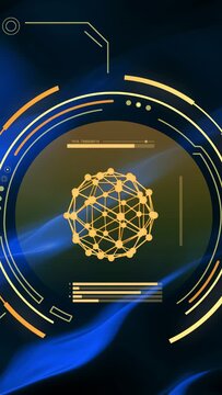 On startup center HUD rotating with gold network pulsing, adjusting progress bars for tech status