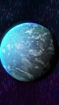 Vertical video: Clip playing, Earthlike planet rotating and neon streaks descending for tech design
