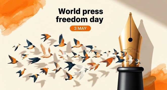 World Press Freedom Day Concept with Flying Birds and Fountain Pen Illustration
