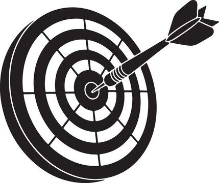Precision dart striking the bullseye of a target with concentric rings silhouette vector icon