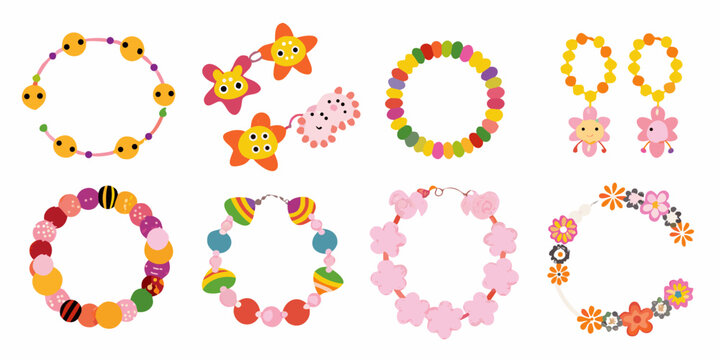 Colorful beaded necklaces and bracelets arranged on a white background