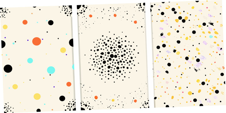Abstract triptych with colorful speckled patterns on a cream background
