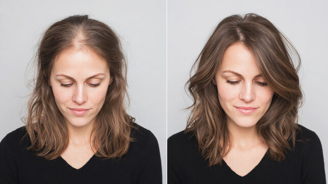 A before and after comparison showing a woman with thin hair transformed to fuller, voluminous hair.